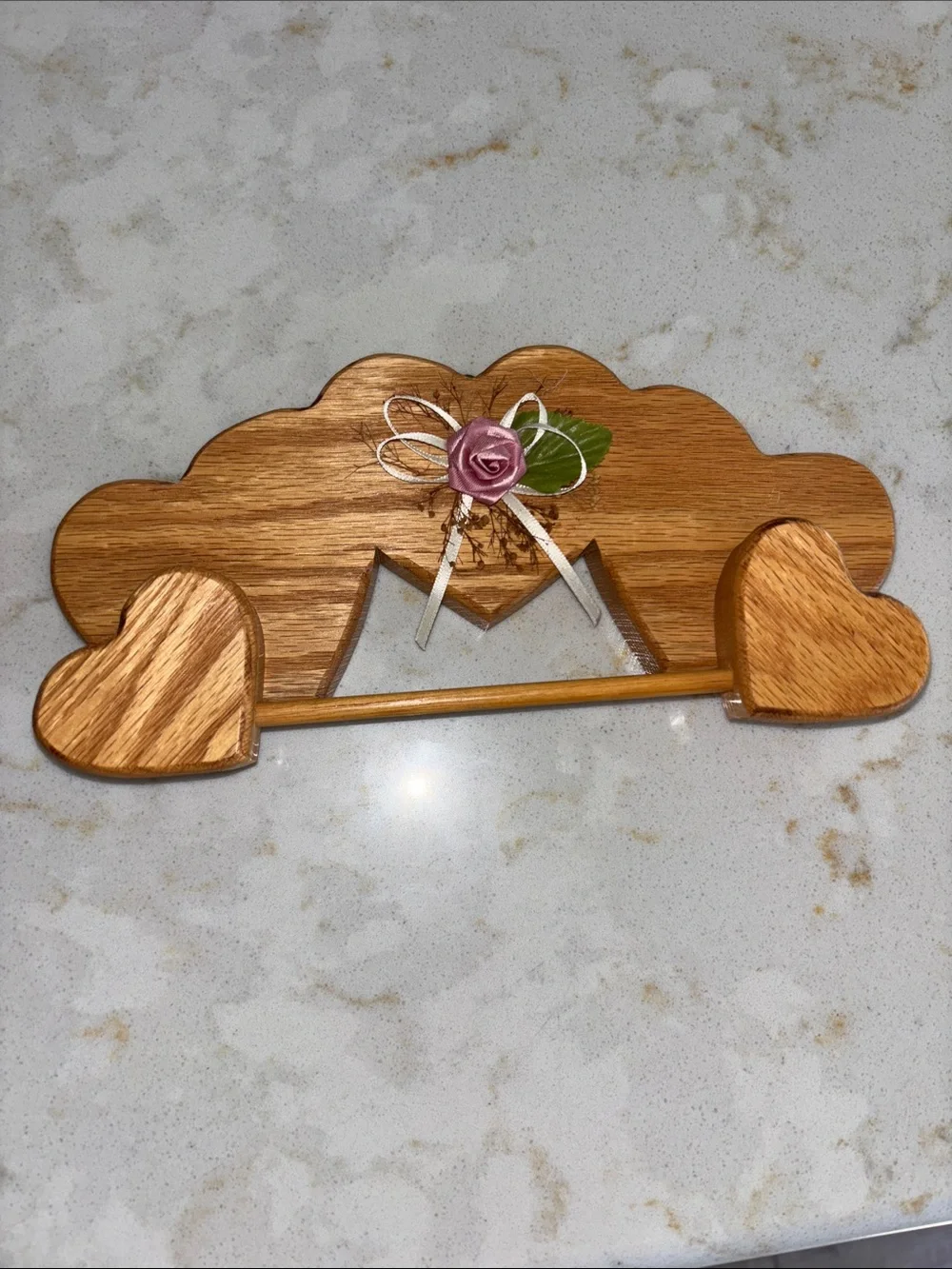 Vintage Handcrafted Brown Wood Heart Wall Hanging /towel holder with Rose Accent
